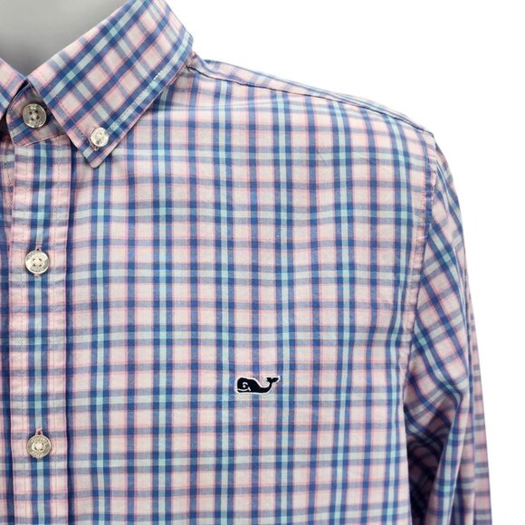 Vineyard Vines Mens Medium Whale Shirt Slim Fit Pink Aqua Blue Check Plaid Logo - Picture 3 of 9